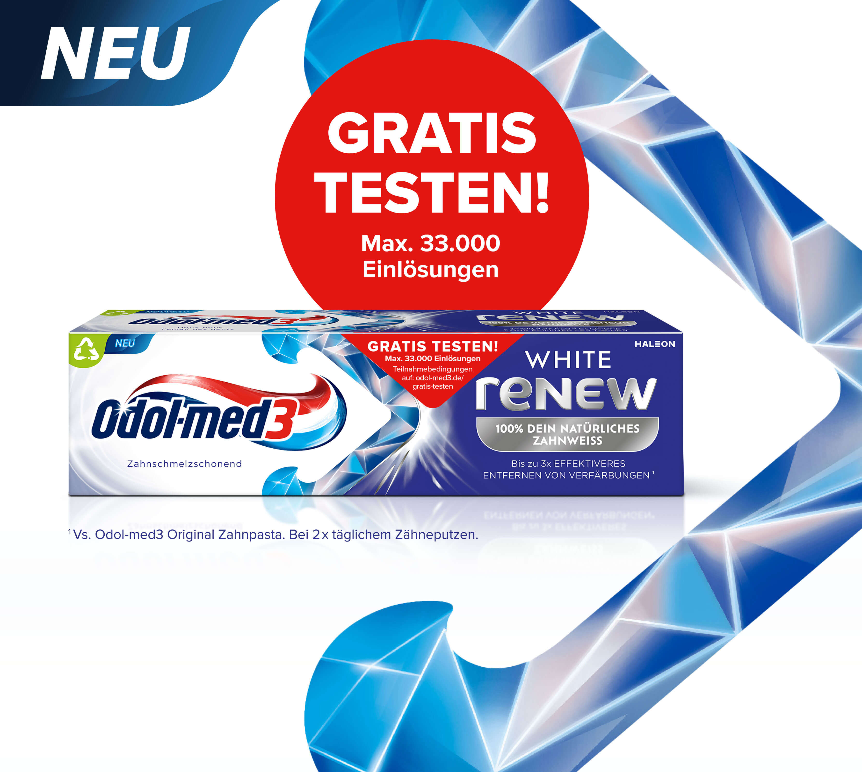 Bild mit dem Aktionsprodukt Odol-med3 White Renew. Auf der Mitte der Verpackung ein roter Aufkleber mit der Aufschrift 'gratis testen. Maximal 33 Tausend Einlösungen'