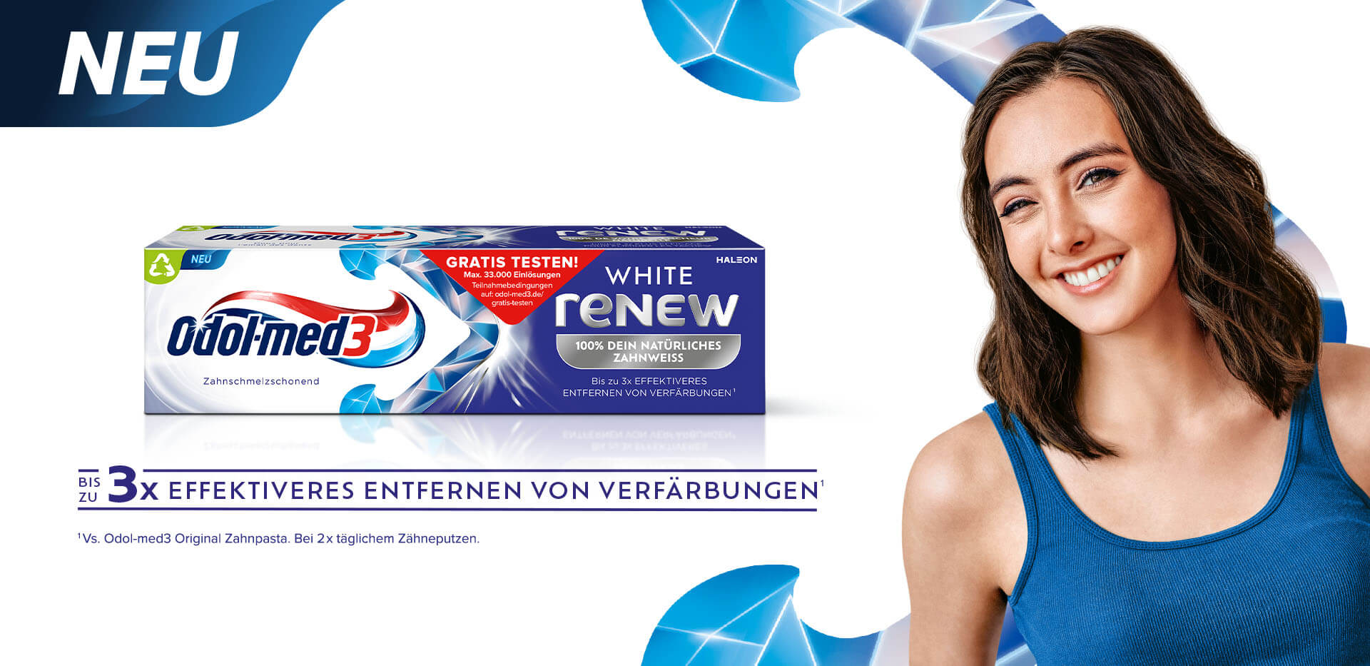 Bild mit dem Aktionsprodukt Odol-med3 White Renew auf der linken Seite und einer lächelnden Frau mit weißen Zähnen auf der rechten Seite. Auf der Mitte der Verpackung ein roter Aufkleber mit der Aufschrift 'gratis testen. Maximal 33 Tausend Einlösungen'