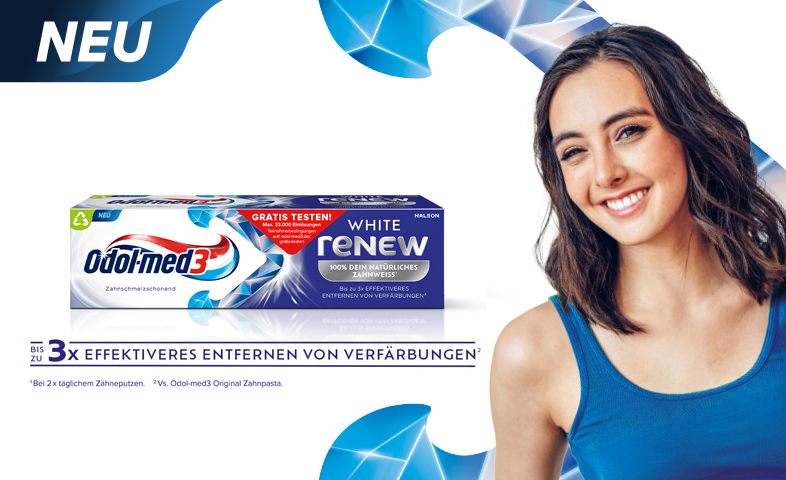 Bild mit dem Aktionsprodukt Odol-med3 White Renew auf der linken Seite und einer lächelnden Frau mit weißen Zähnen auf der rechten Seite. Auf der Mitte der Verpackung ein roter Aufkleber mit der Aufschrift 'gratis testen. Maximal 33 Tausend Einlösungen'