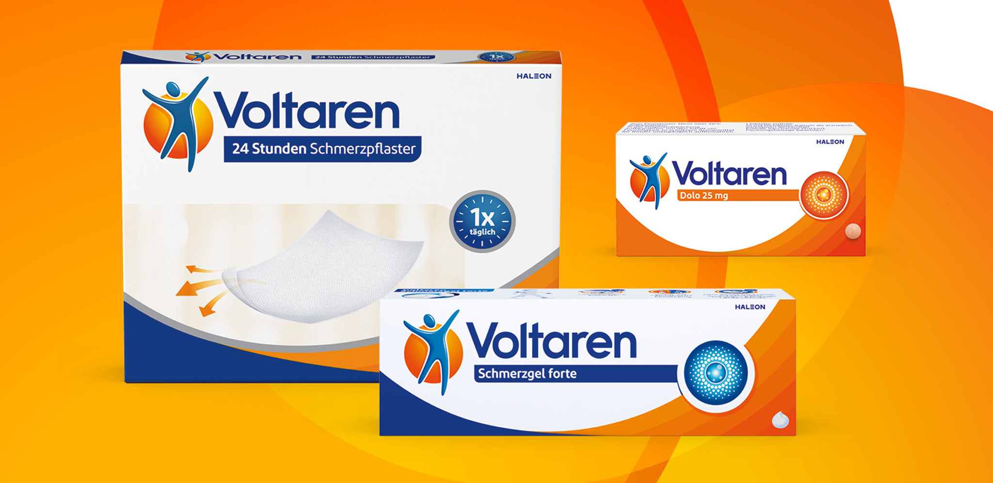 Volaren Schmerzgel forte Verpackung vor drei Kreisen in den Farben dunkel-gelb, orange und blau platziert.