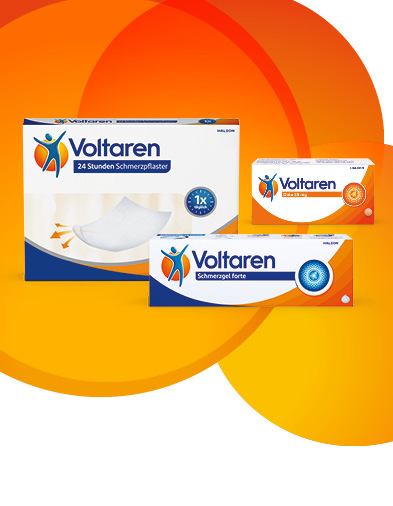 Volaren Schmerzgel forte Verpackung vor drei Kreisen in den Farben dunkel-gelb, orange und blau platziert.